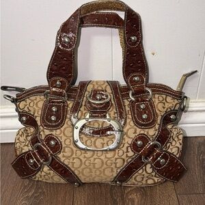 Vintage GUESS Monogram Satchel Bag Ostrich leather Brown Tan Y2K Silver Hardware
